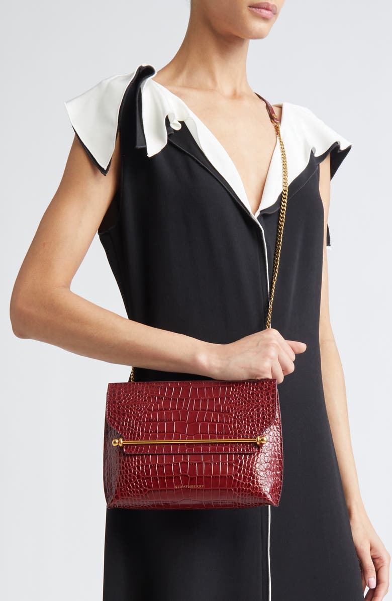 Strathberry Stylist Croc Embossed Leather Clutch, Alternate, color, Oxblood