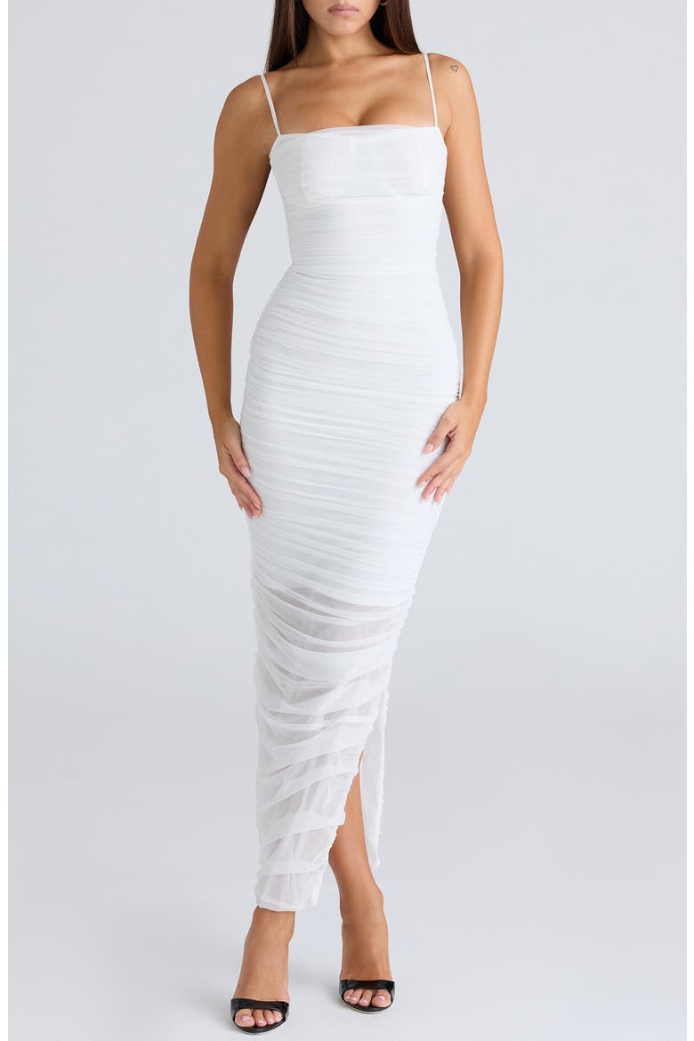 Fornarina Ruched Mesh Maxi Dress, Main, color, WHITE