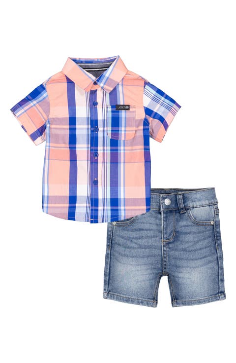 Plaid Short Sleeve Button-Up Shirt & Denim Shorts Set (Baby)