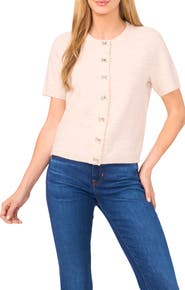 CeCe Short Sleeve Bow Button Cardigan