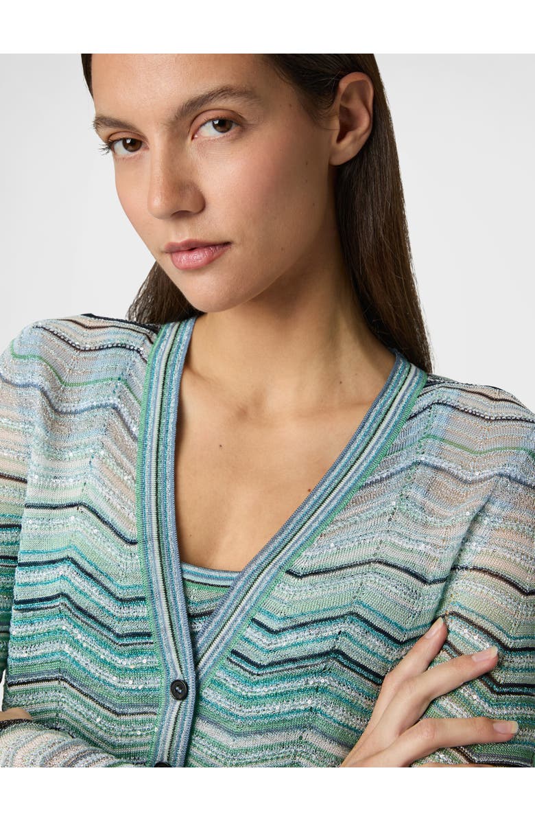 Missoni Chevron Lamé Viscose Cardigan With Sequins, Alternate, color, Green& Brown