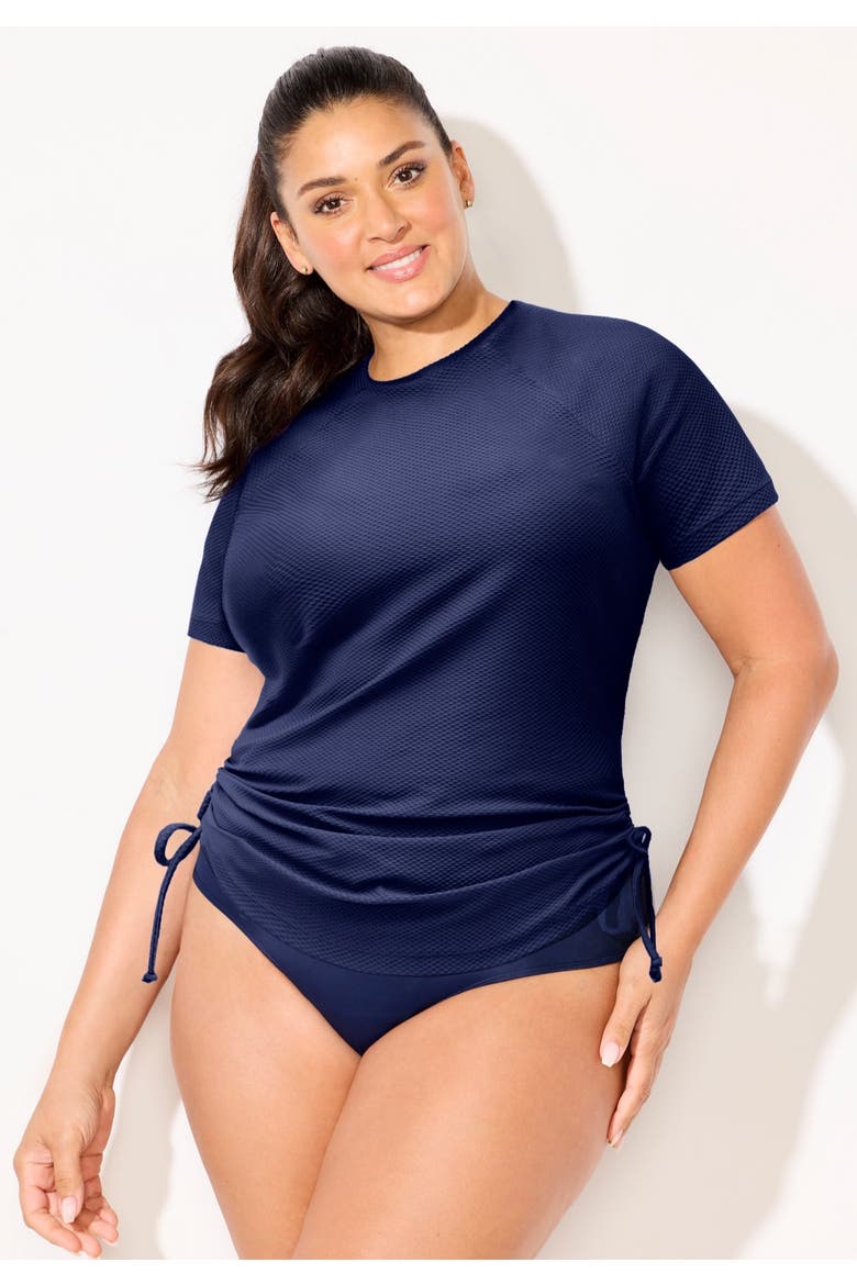 Chlorine Resistant Quick Dry Side Tie Short Sleeve Swim Tee Rash Guard, Alternate, color, Navy