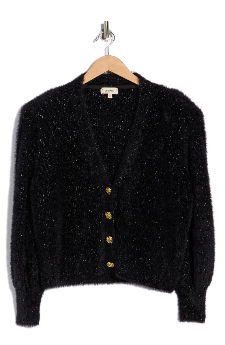 L'AGENCE Talulla Crop Cardigan, Main, color, Black Lurex/ Gold Rose