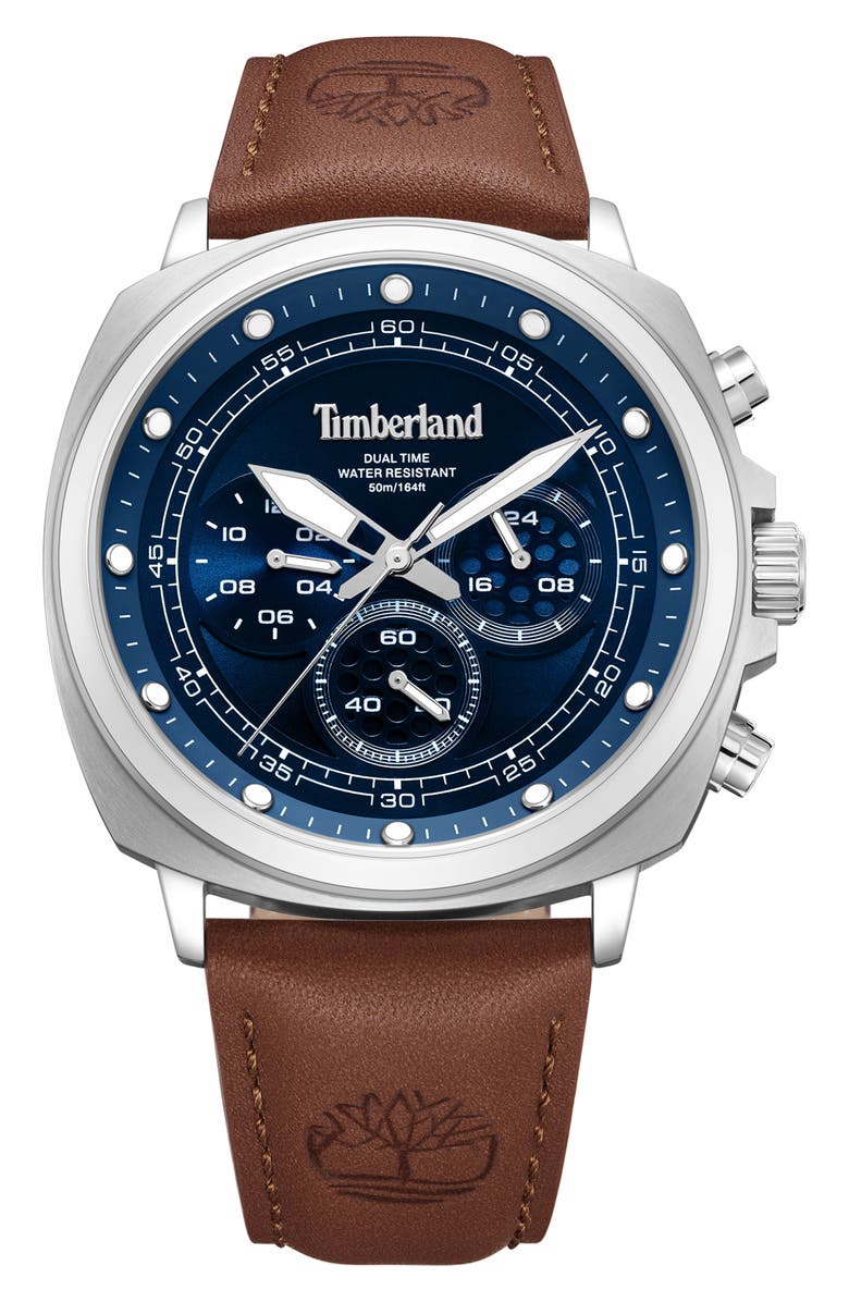 Timberland Williston Multifunction Chronograph Leather Strap Watch, 43.5mm x 46.5mm, Main, color, Brown