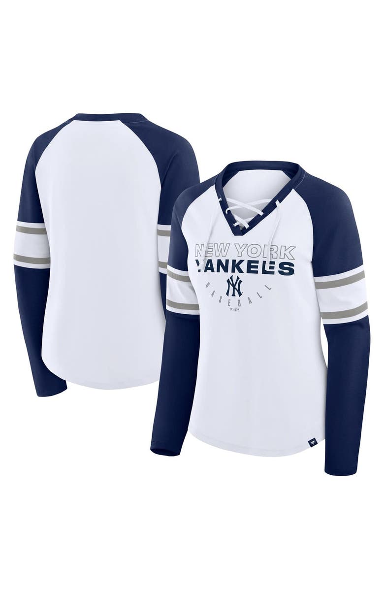 FANATICS Women's Fanatics White/Navy New York Yankees Blitz Package Raglan Lace-Up V-Neck Long Sleeve T-Shirt, Main, color, White