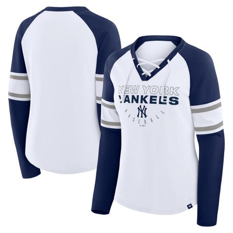 Women's Fanatics White/Navy New York Yankees Blitz Package Raglan Lace-Up V-Neck Long Sleeve T-Shirt