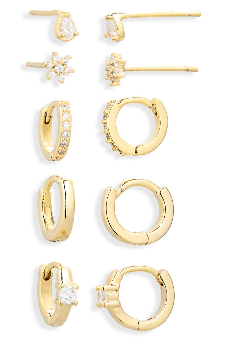 Set of 5 Cubic Zirconia Stud & Huggie Hoop Earrings, Alternate, color, CLEAR- GOLD