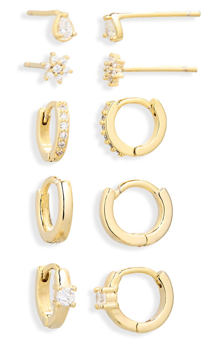 Leith Set of 5 Cubic Zirconia Stud & Huggie Hoop Earrings, Alternate, color, Clear- Gold