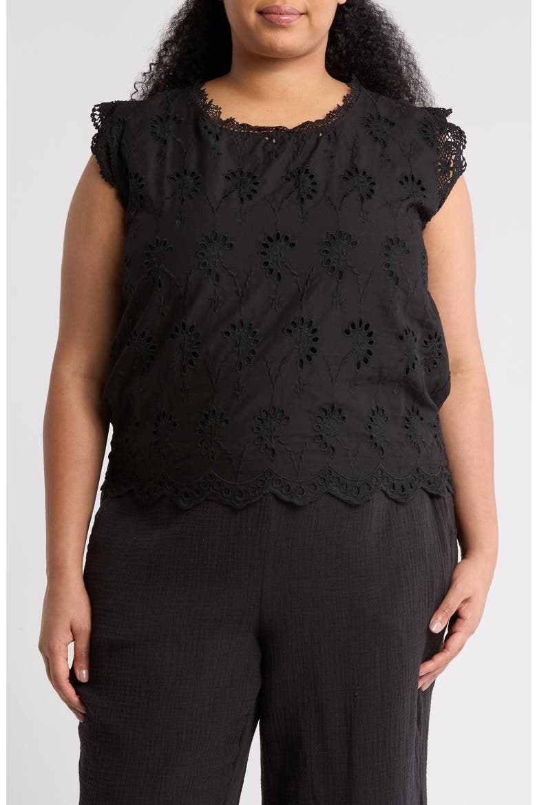Lace Trim Embroidered Eyelet Blouse, Main, color, BLACK