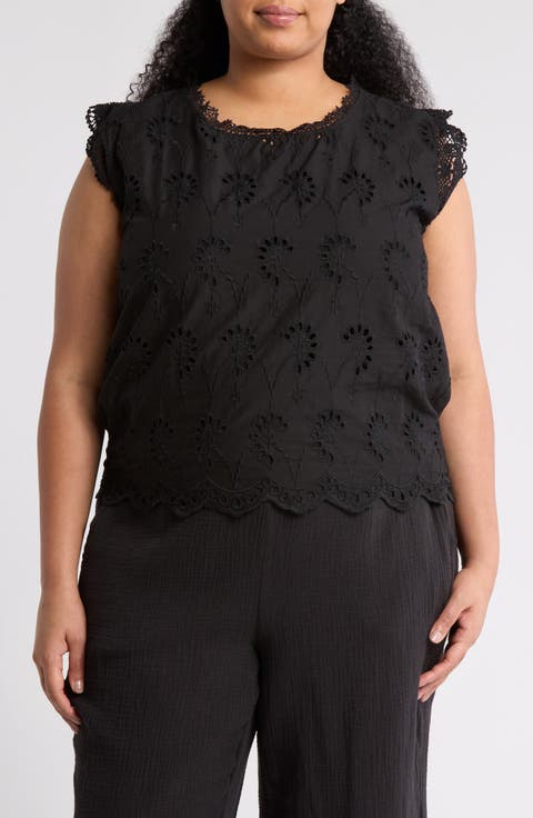 Lace Trim Embroidered Eyelet Blouse (Plus)