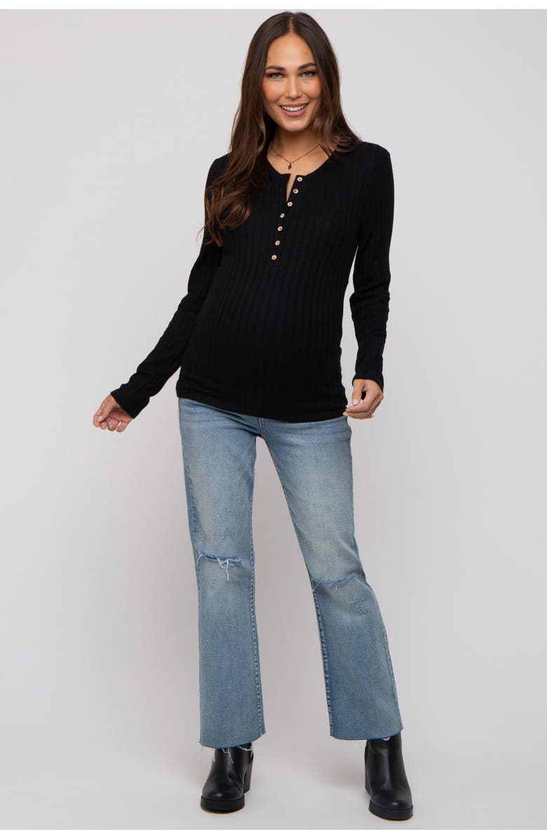 PinkBlush Ribbed Knit Button Long Sleeve Top, Alternate, color, Black
