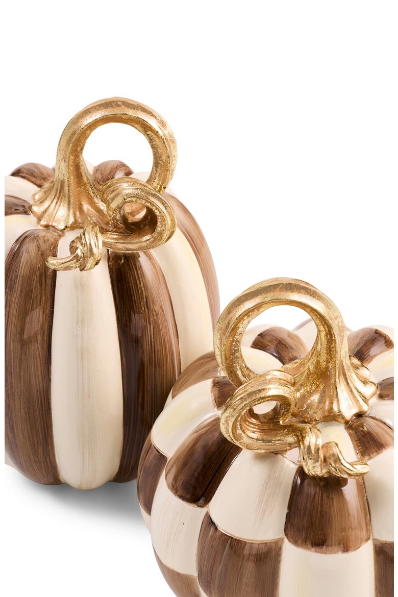 Set of 2 Chocolate Check and Stripe Decorative Pumpkins, Alternate, color, BROWN
