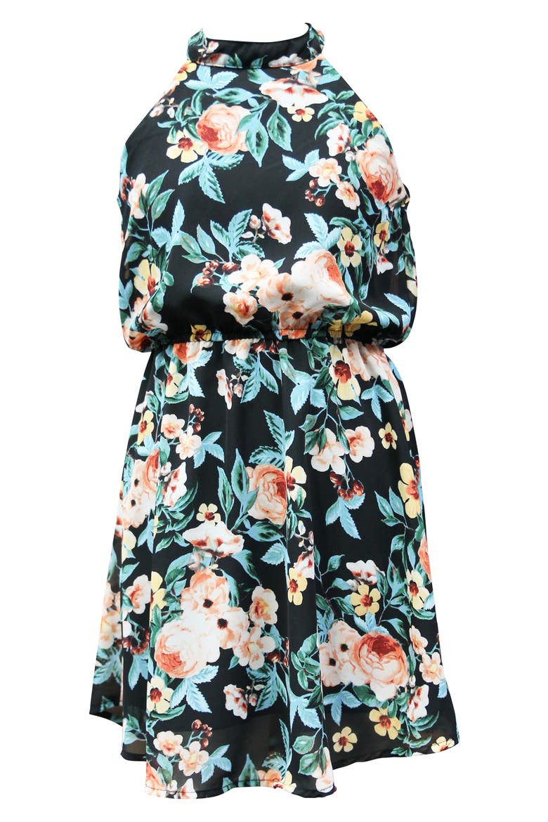 Mock Neck Skater Dress, Main, color, BLACK