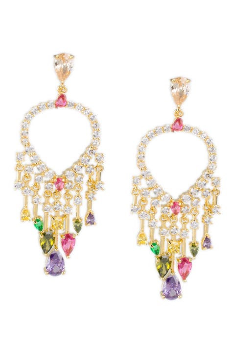 Mixed CZ Front-Facing Teardrop Chandelier Earrings