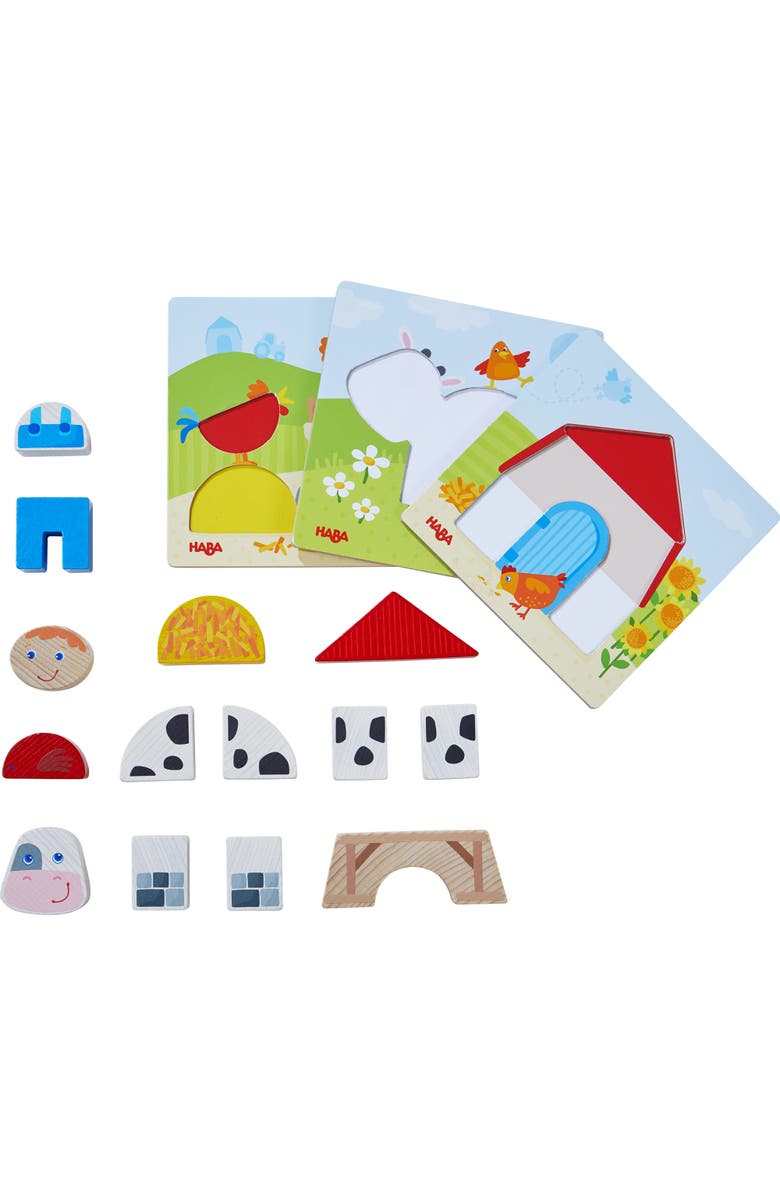 HABA On the Farm Beginner Pattern Blocks Puzzle with 3 Background Scenes and 14 Wooden Pieces - Ages 18 Months +, Main, color, Multi