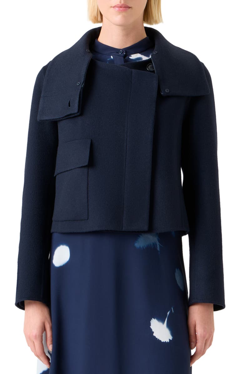 Akris Edena Cashmere Crop Jacket with Genuine Shearling Collar, Main, color, Navy