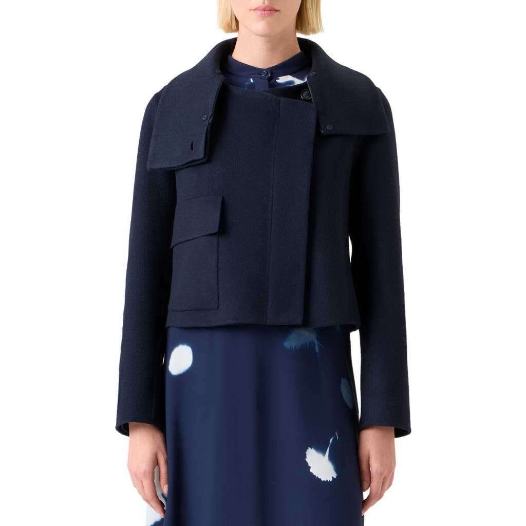 Akris Edena Cashmere Crop Jacket With Genuine Shearling Collar In Blue