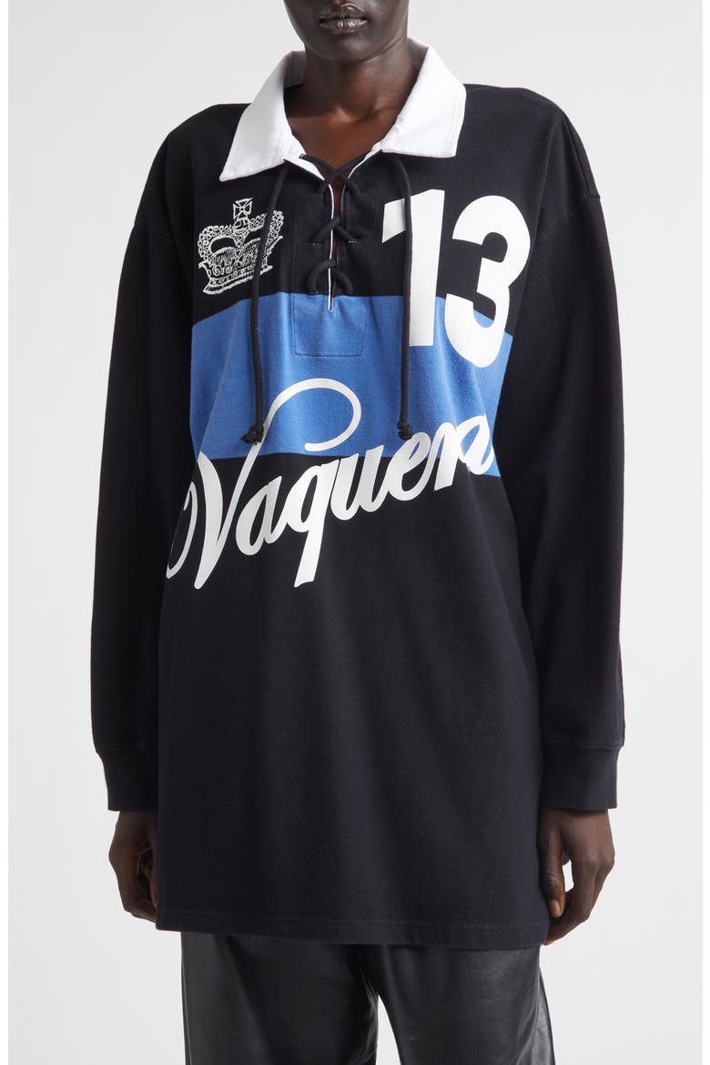 Stripe Oversize Cotton Rugby Shirt, Main, color, BLACK BLUE