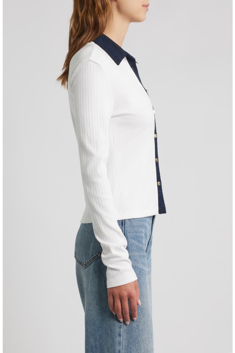 Contrast Trim Rib Button-Up Shirt, Alternate, color, WHITE