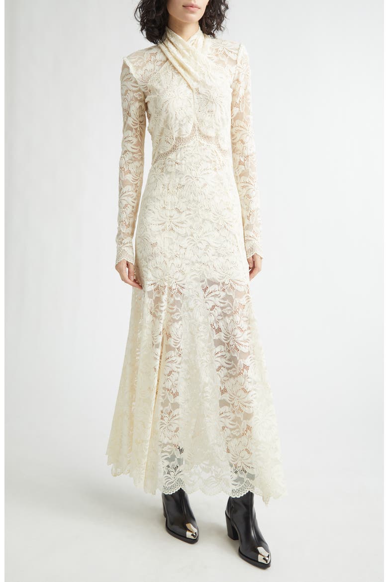 Twist Front Scalloped Long Sleeve Lace Dress, Main, color, IVORY