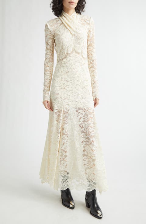 Twist Front Scalloped Long Sleeve Lace Dress