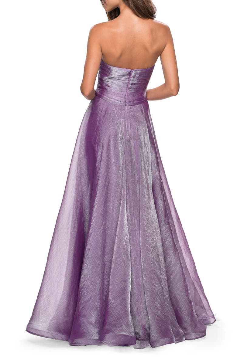 La Femme Strapless Chiffon Dress with Criss Cross Bodice Detail, Alternate, color, 