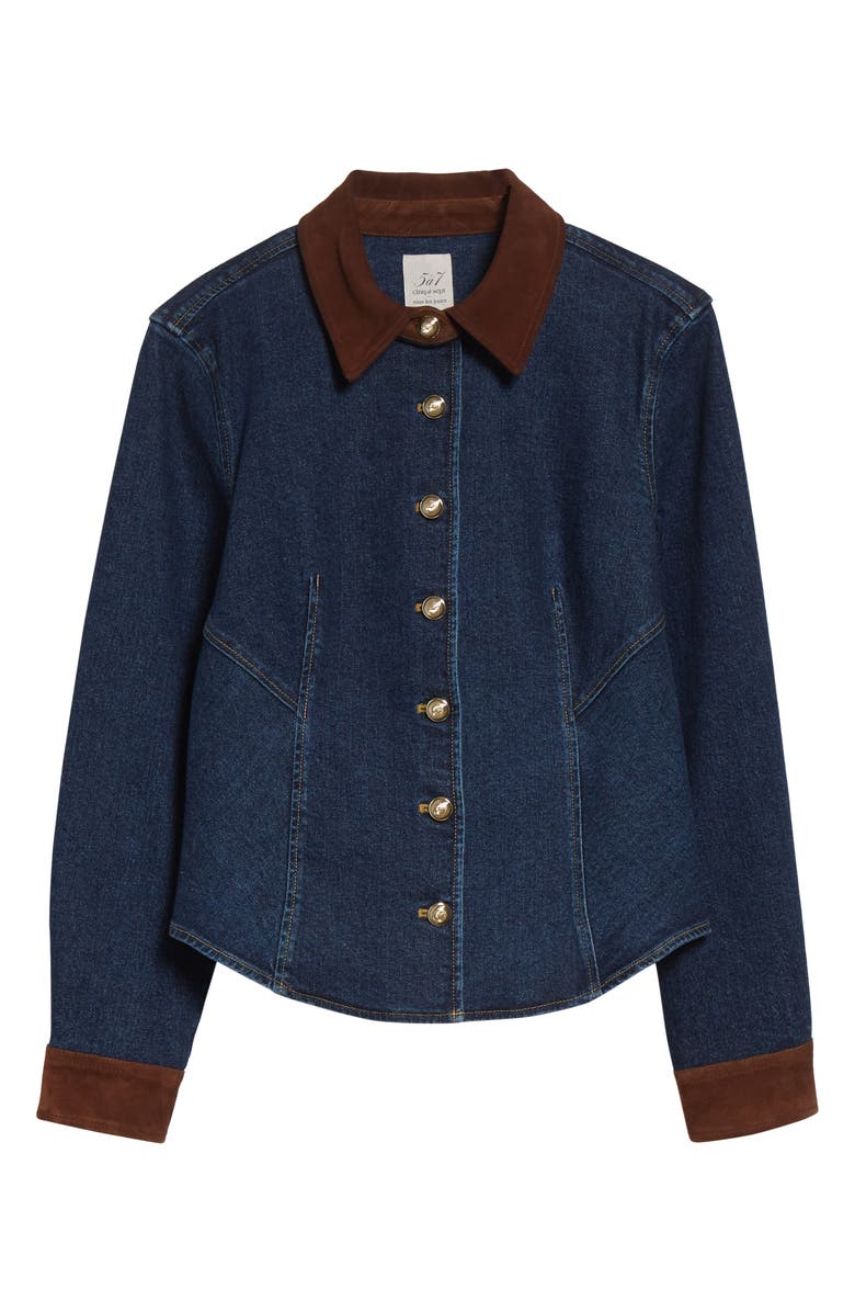 Cinq à Sept Suede Trim Denim Button-Up Shirt, Alternate, color, Dark Sepia/ Fontaine