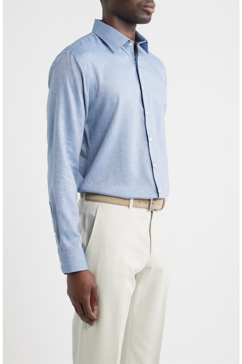 Trim Fit Premium Linen Blend Herringbone Dress Shirt, Alternate, color, BLUE CHAMBRAY HERRINGBONE