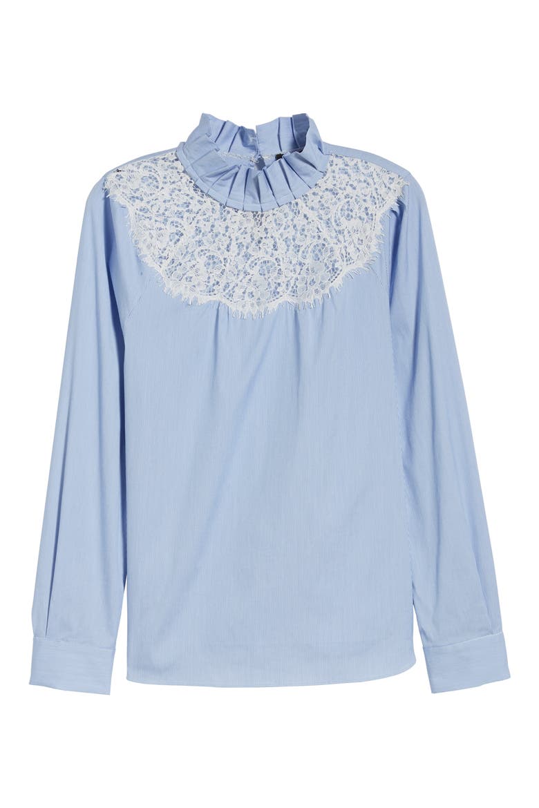 Lace Yoke Poplin Pinstripe Blouse, Alternate, color, WHITE- BLUE MICRO STRIPE