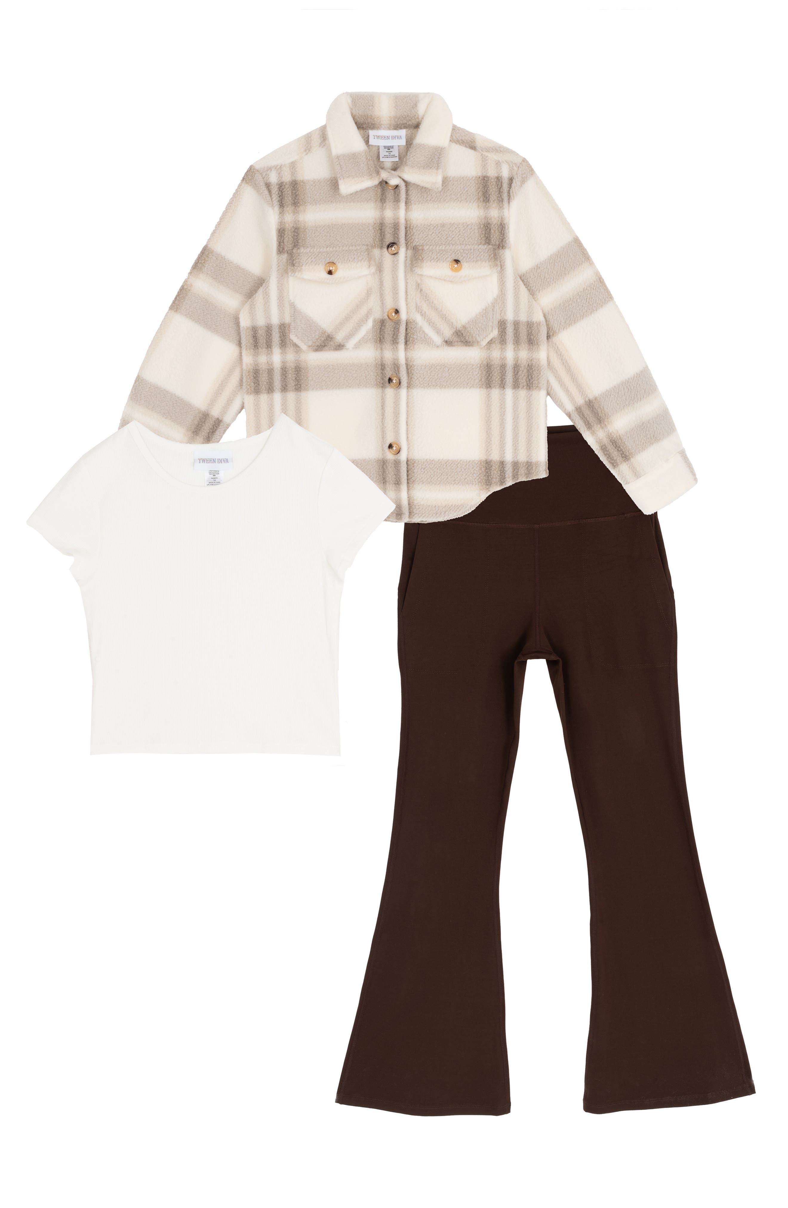 Tween Diva Kids' Shacket, T-shirt & Wide Leg Pants Set