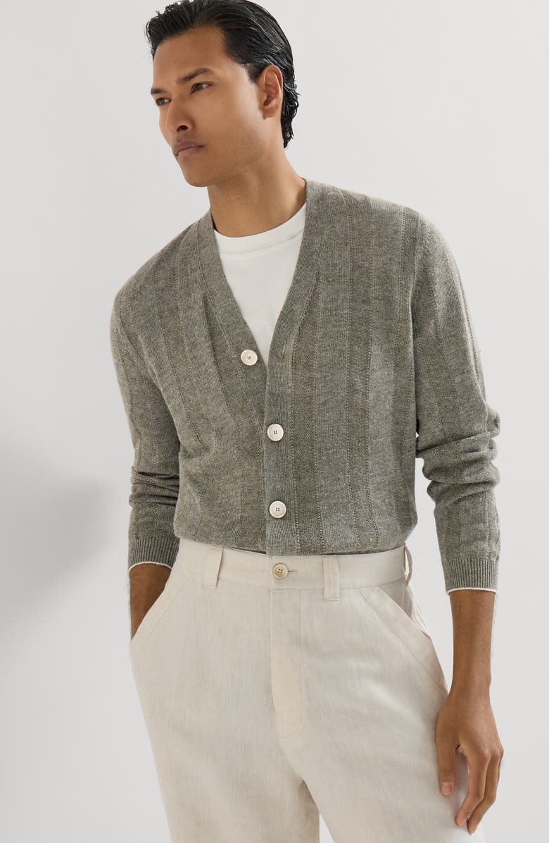 Brunello Cucinelli Linen and cotton cardigan, Alternate, color, Olive
