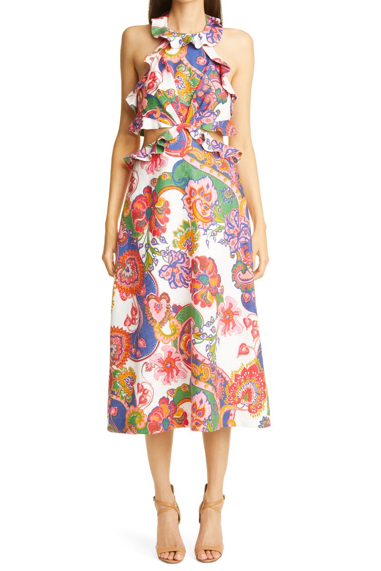 Lovestruck Floral Paisley Tie Back Midi Dress, Main, color, NATURAL PAISLEY FLORAL
