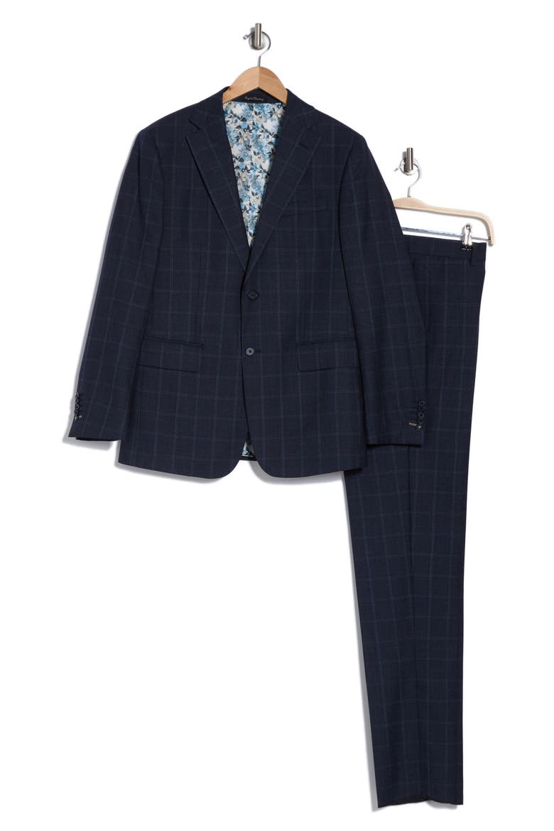 Plaid Trim Fit Notch Lapel Wool Blend Two-Piece Suit, Alternate, color, NAVY