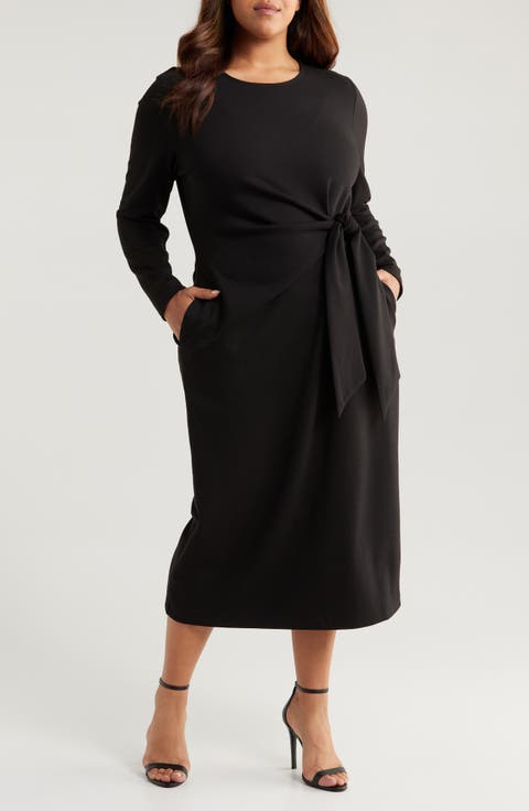 Tie Waist Long Sleeve Midi Dress (Plus Size)