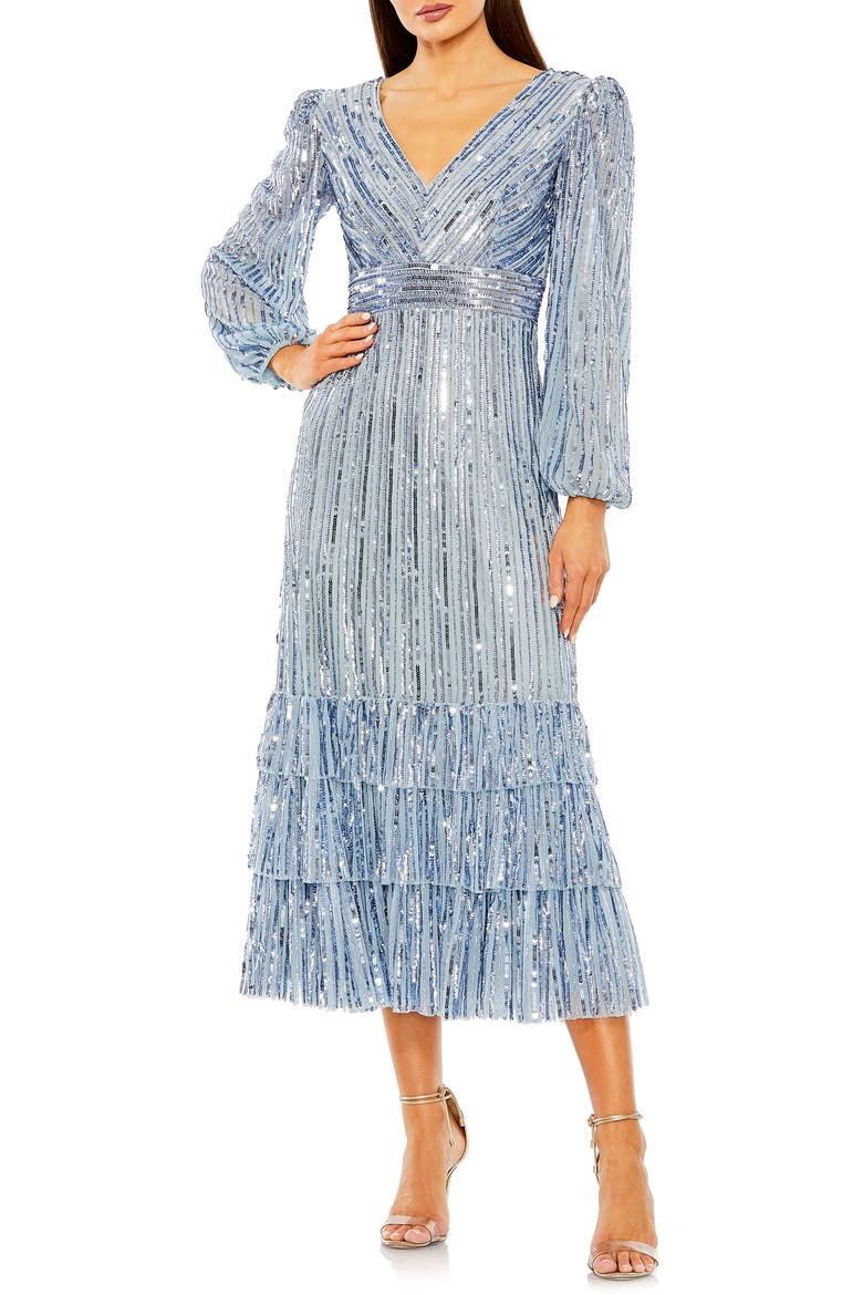 Long Sleeve Deep V Tiered Ruffle Sequin Dress, Main, color, SLATE BLUE