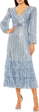 Mac Duggal Long Sleeve Deep V Tiered Ruffle Sequin Dress