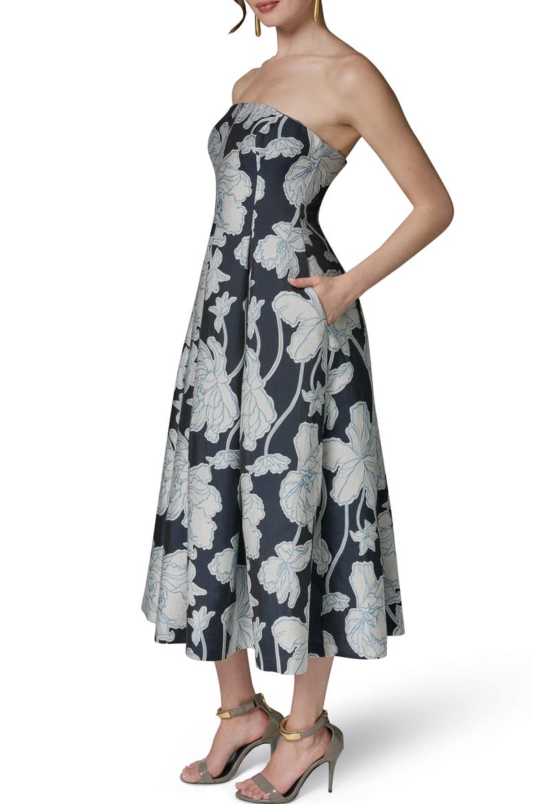 Floral Jacquard Strapless Dress, Alternate, color, NIGHTFALL/ CREAM