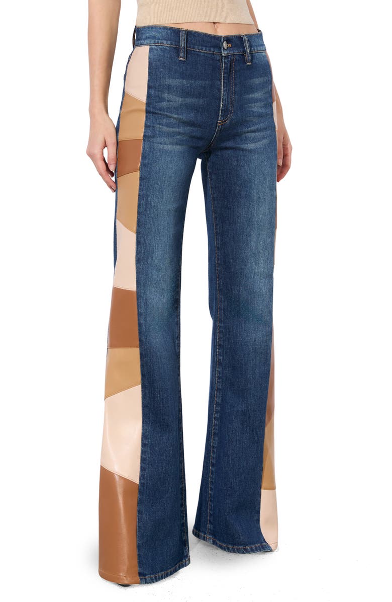 Alice + Olivia Faux Leather Patchwork High Waist Wide Leg Jeans, Main, color,