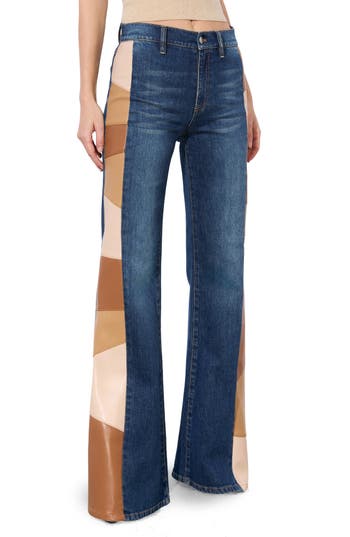 Alice And Olivia Alice + Olivia Faux Leather Patchwork High Waist Wide Leg Jeans In Blue