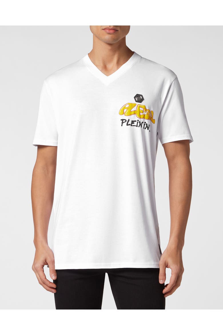 T-Shirt V Neck Ss Bombing Graffiti Men, Main, color, white