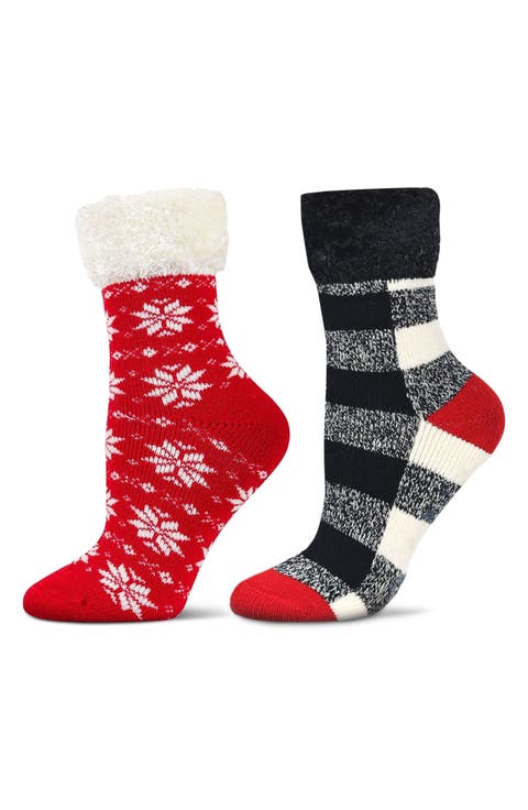Assorted 2-Pack Faux Fur Trim Nonslip Crew Socks