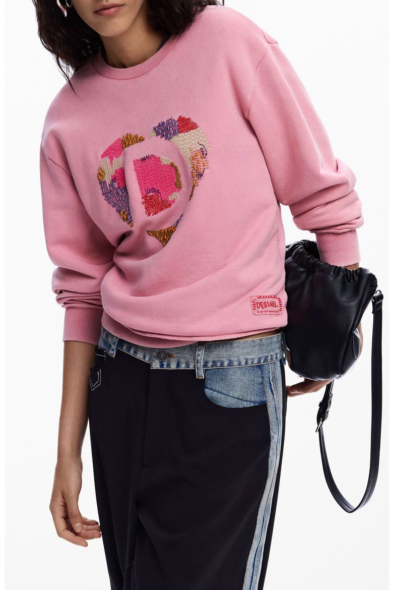 Heart Embroidered Cotton Graphic Sweatshirt, Main, color, PINK