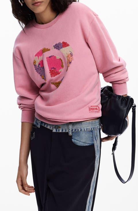 Heart Embroidered Cotton Graphic Sweatshirt