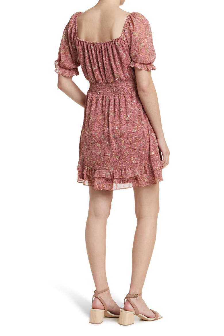 Puff Sleeve Tie Front Ruffled Mini Dress, Alternate, color, MAUVE PAISLEY