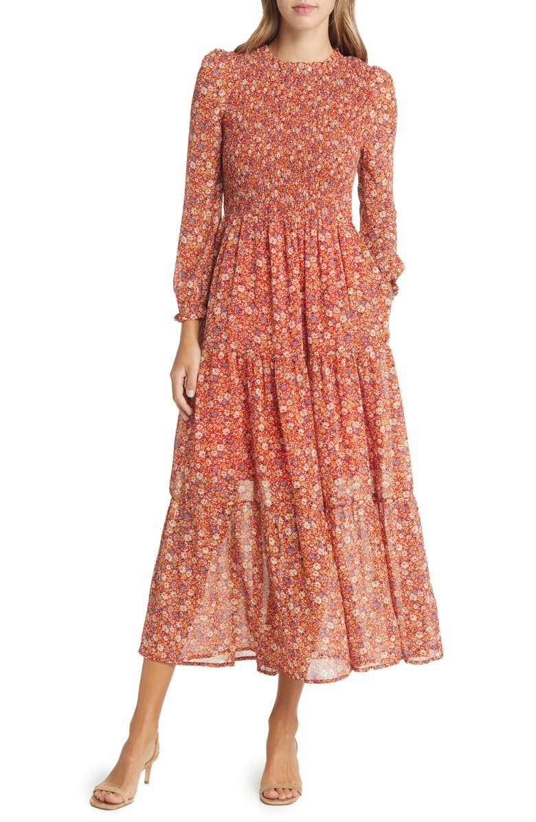 MELLODAY Floral Long Sleeve Smocked Maxi Dress, Main, color, 