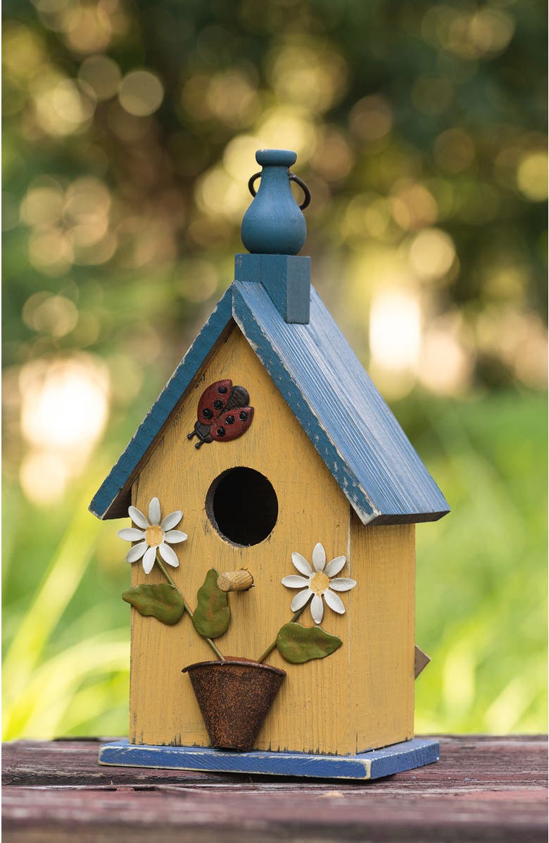 Glitzhome 12.25"H Distressed Solid Wood Cottage Garden Birdhouse with Bees and Flowers, Alternate, color, Yellow