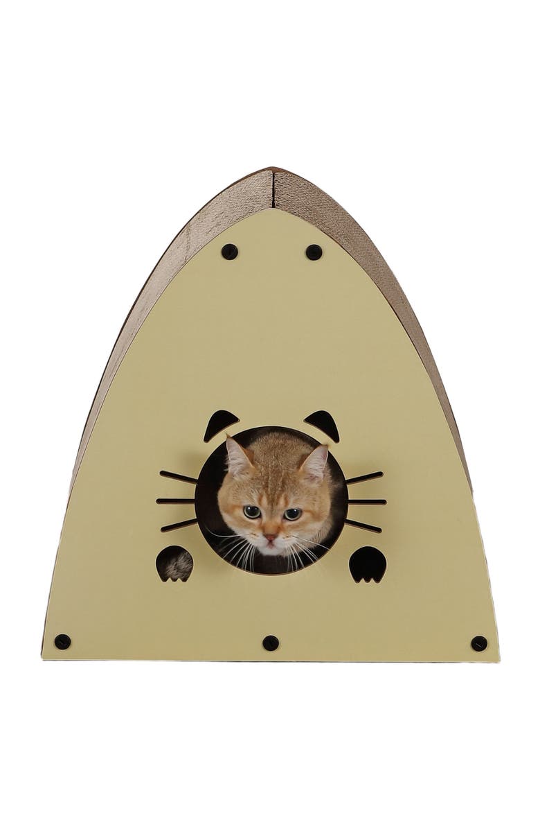 The Licker Store Koko 19" Modern Cardboard Triangle Cat Cave Scratcher with Catnip, Alternate, color, Almond