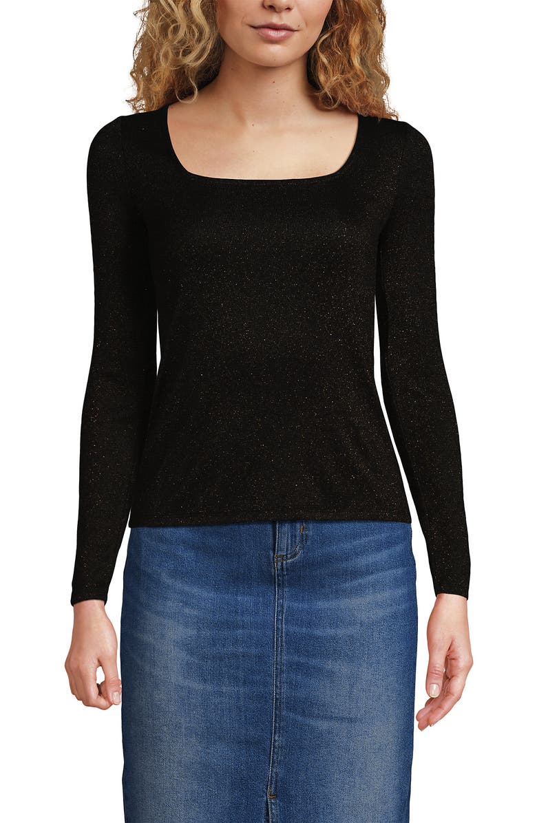 Lands
 End Long Sleeve Rib Square Neck Tee, Alternate, color, Black Shine