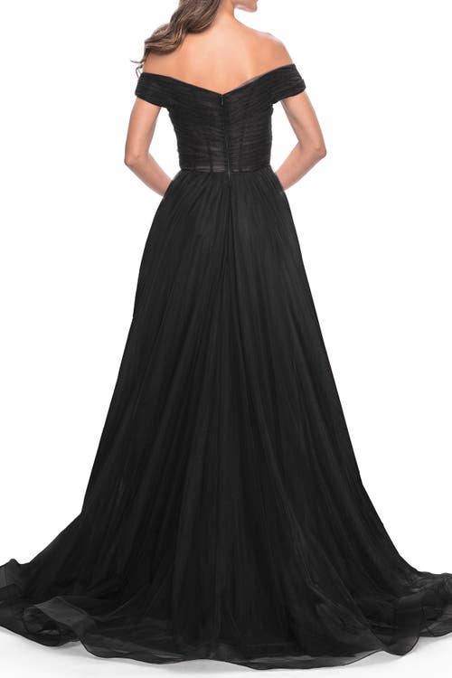 La Femme A-line Tulle Prom Dress With Off The Shoulder Top In Black
