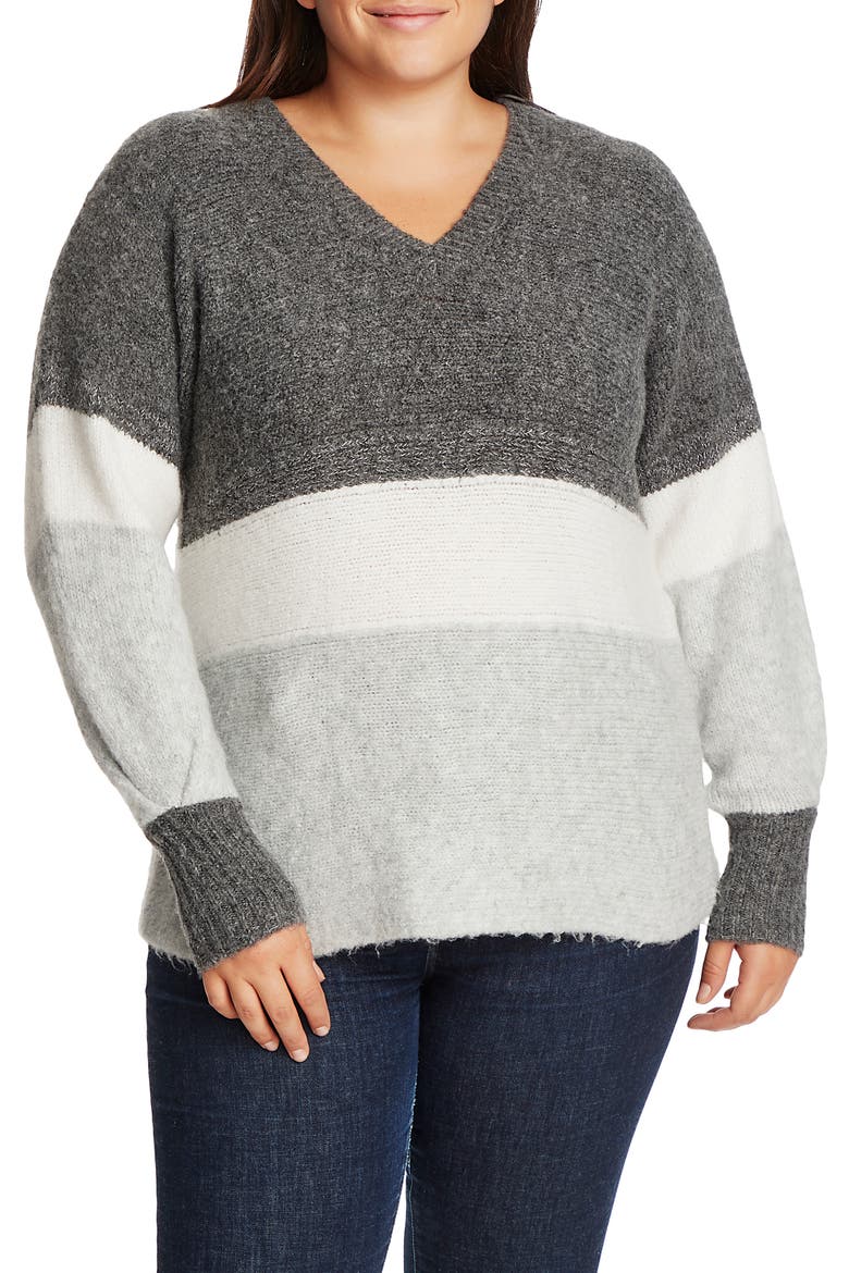 Stripe V-Neck Tunic Sweater, Main, color, MEDIUM HEATHER GREY